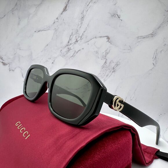 New Gucci Sunglasses Black Rectangular Square Gold Metal GG Logo 54mm - Picture 15 of 16